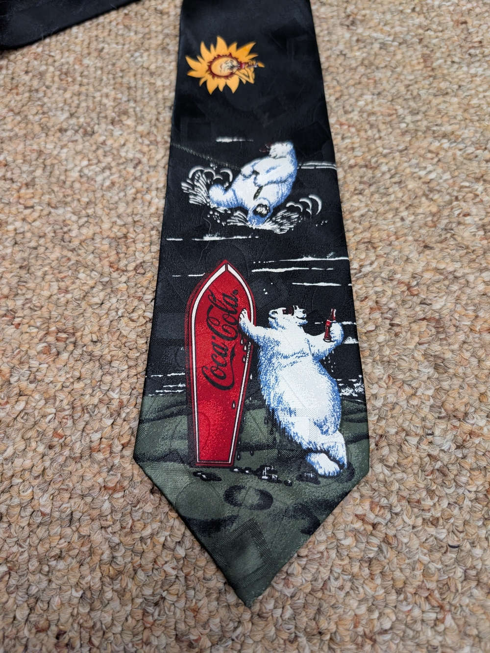 VTG 90s Coca Cola Polar Bear Surfing Surfboard Novelty Tie Polyester Black